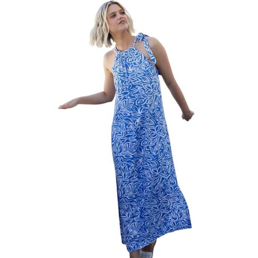 Blue‎ Ginger Size XS Blue Floral Hawaiian Sleeveless Halter Neck Midi Dress